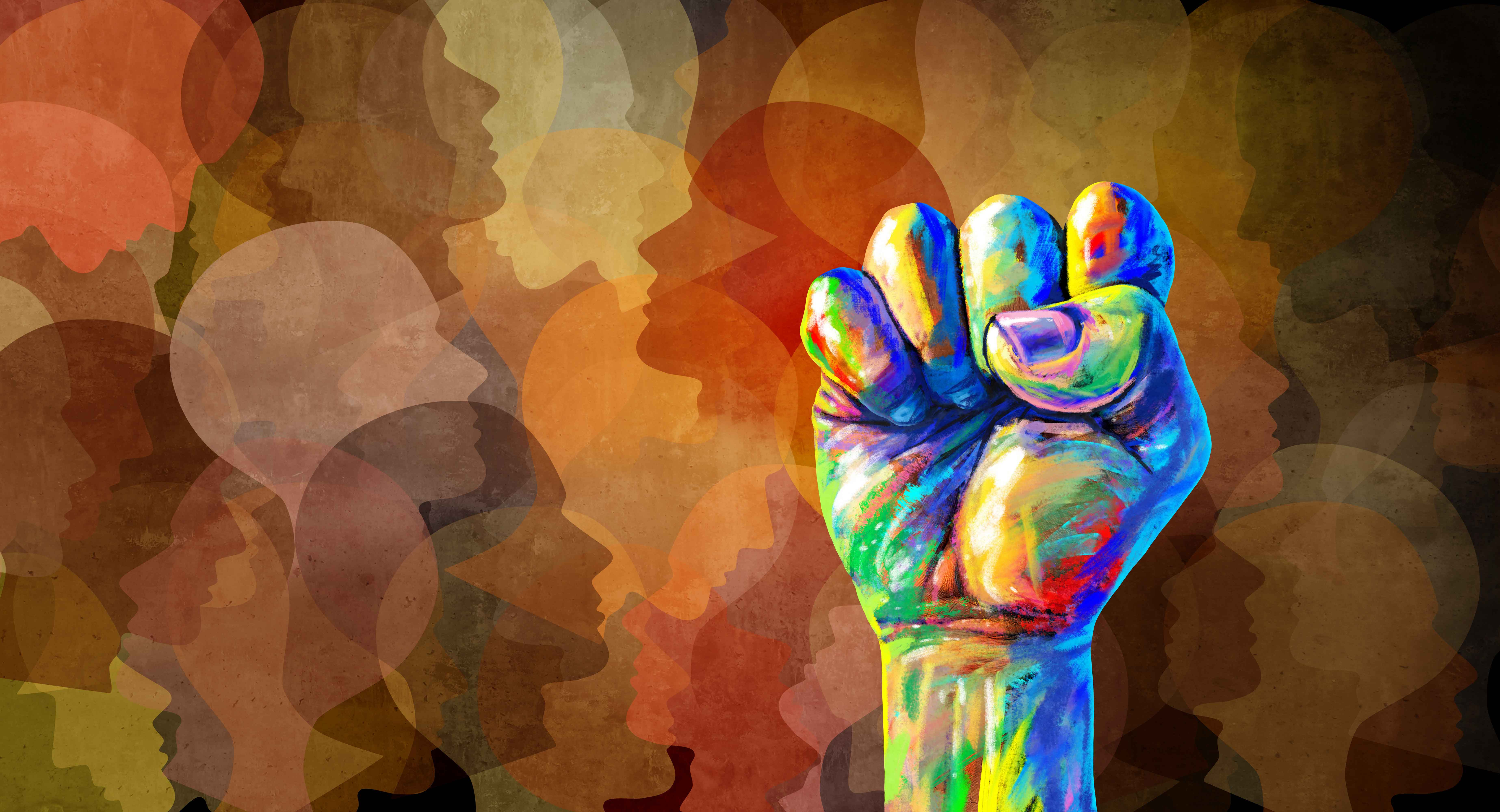 Colourful fist in the air, surrounded by silhouettes in watercolour style.