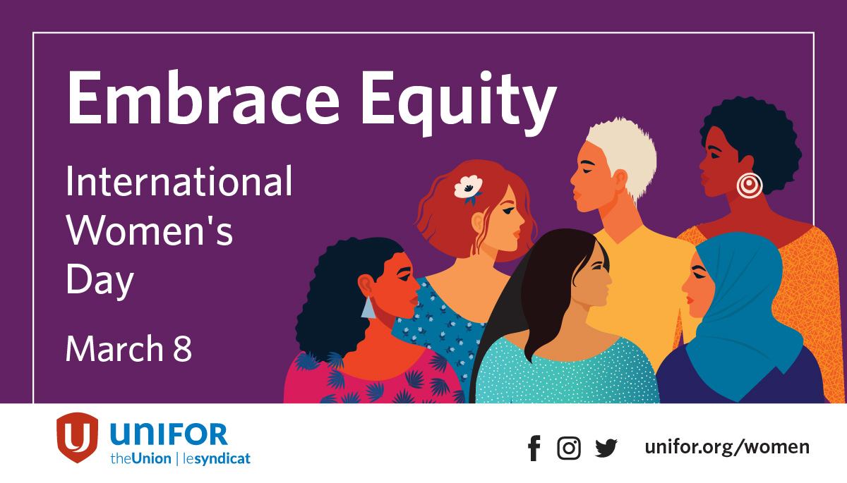 Graphique of a diverse group of women with the text Embrace Equity : International Women's Day March 8