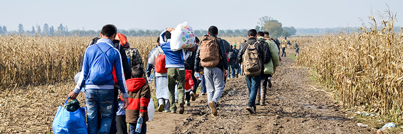 A group of people, carrying lrge bags and backpacks, walking away from the camera through an arid farm field