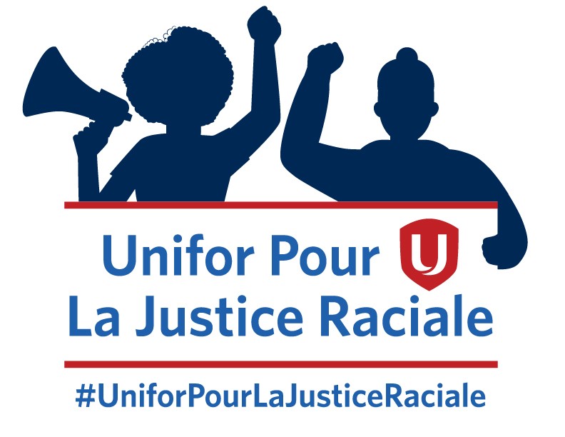 Une illustration de deux personnes en silhouette, tenant leurs poings en l'air, au-dessus du texte « Unifor pour la justice raciale »